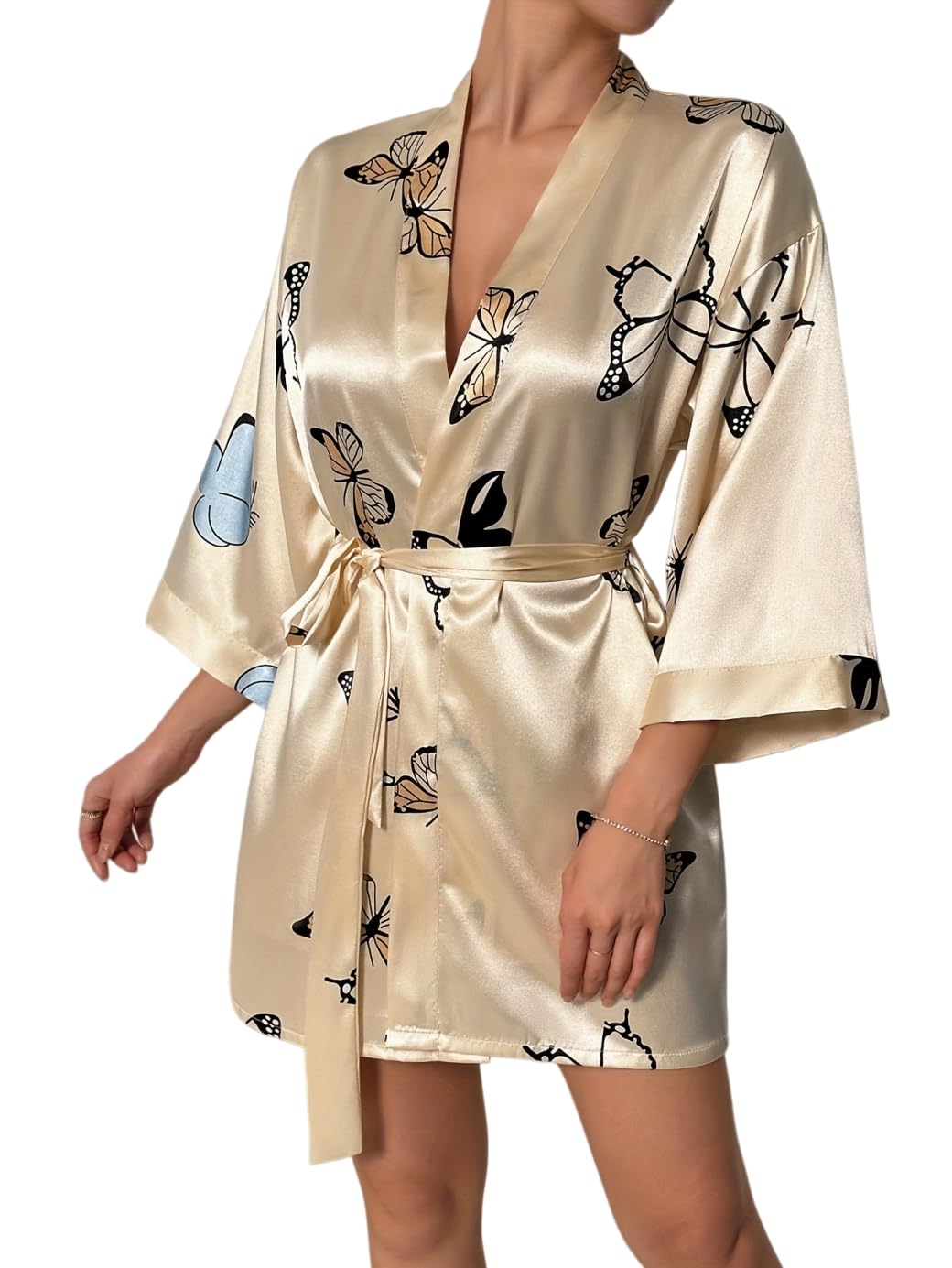 Bata de Lujo con Estampado de Mariposas para Mujer,Elegante Albornoces Kimono de Seda,Ligera,Elegante,Holgada,Corta con Cuello en V.