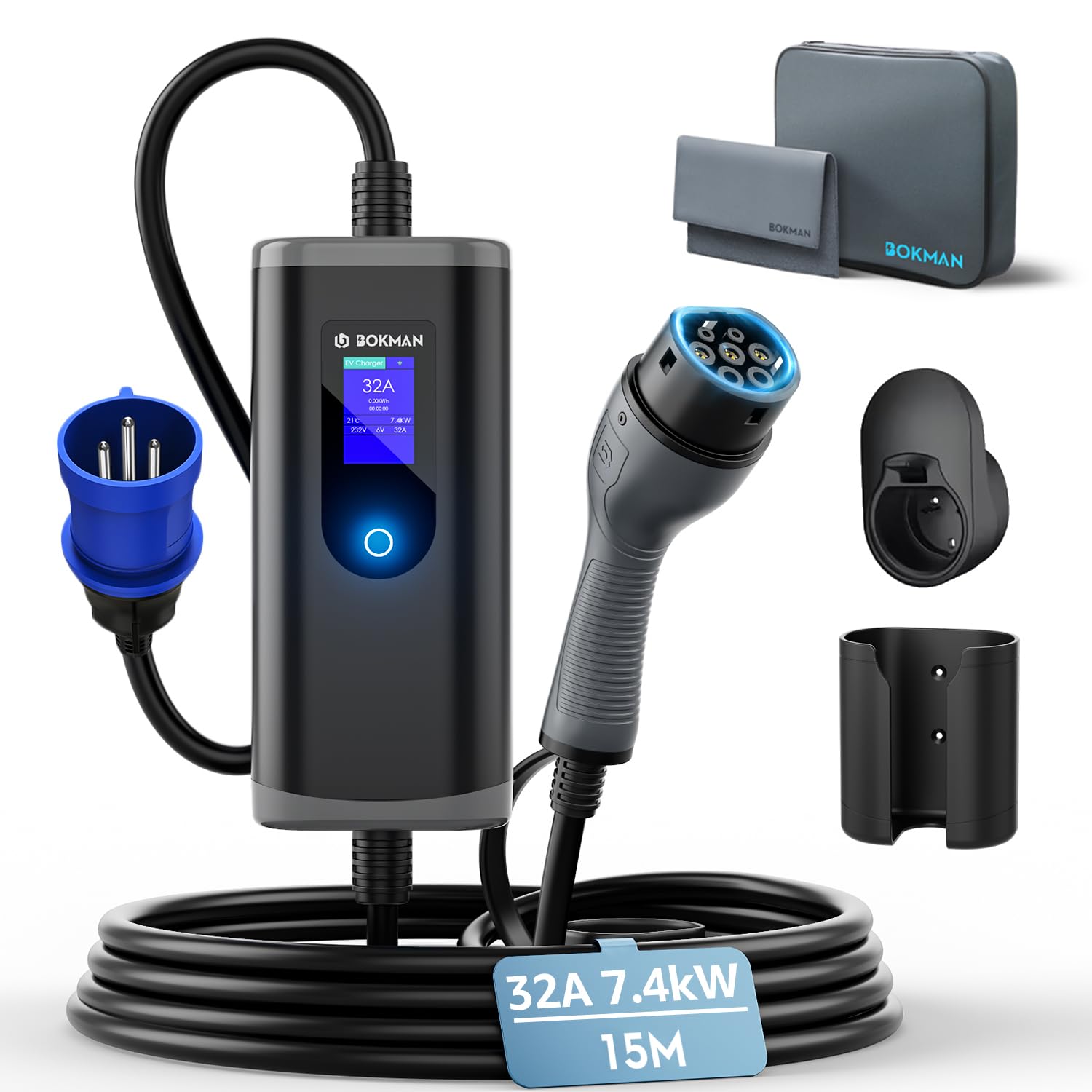 Bokman Chargeur Voiture Electrique 7kW Monophasé Type 2- CEE Stations De Charge Véhicule électrique Mobile/Wallbox Ajustable 6-32A | 7kW | 8 Mètre, Compatible Avec BEV Et PHEV