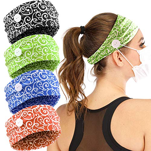 Button Headbands 4 Pack for Women Nurses, Boho Wide Hairbands African Print,178G