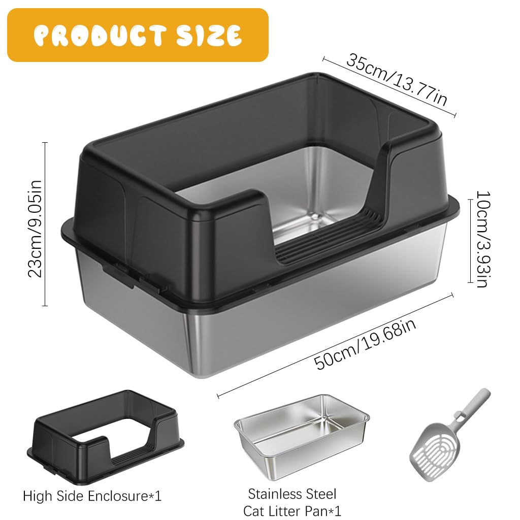 Qpets® Stainless Steel Cat Litter Box with Scoop & High Fence, 50x23x35CM