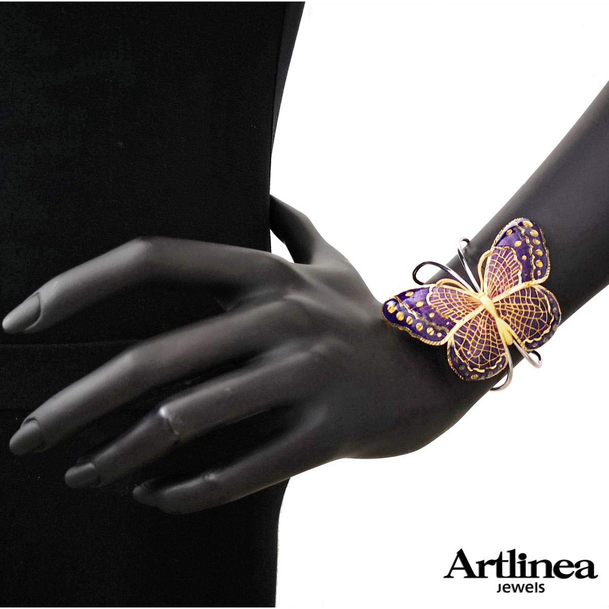 Artlinea Bracciale rigido Farfalla in argento 925, rodiato e dorato, con smalto eseguito a mano