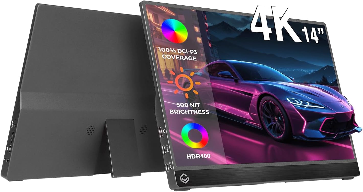 DroiX PM14 UHD 4K Portable Monitor for Laptop 14″, USB-C & Mini HDMI, HDR400, 60Hz, 1500:1 Contrast, 100% DCI-P3, 2.5ms Response, 500nit, 10bit 1.07 Billion Colours Portable Screen