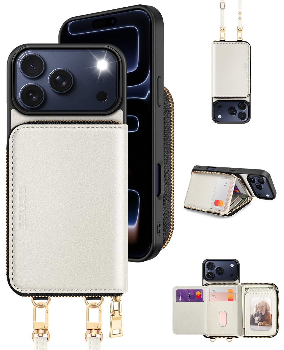 OCASE Custodia Portafoglio per iPhone 17 Pro Max, Custodia in Pelle con Cerniera, Porta Carte con Blocco RFID, con Tra Collo Regolabile Rimovibile, Antiurto Cover per iPhone 17 Pro Max, Avorio