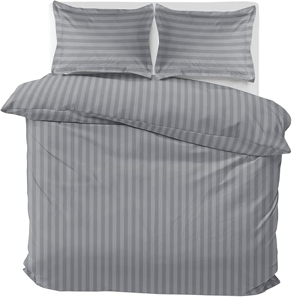 MOONLIGHT20015 Double Duvet Set Reversible Stripes Satin Double Bedding Set with 2 Pillowcases Soft Hypoallergenic Duvet Cover (Grey 200x200 CM)