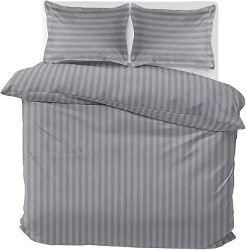 MOONLIGHT20015 Double Duvet Set Reversible Stripes Satin Double Bedding Set with 2 Pillowcases Soft Hypoallergenic Duvet Cover (Grey 200x200 CM)