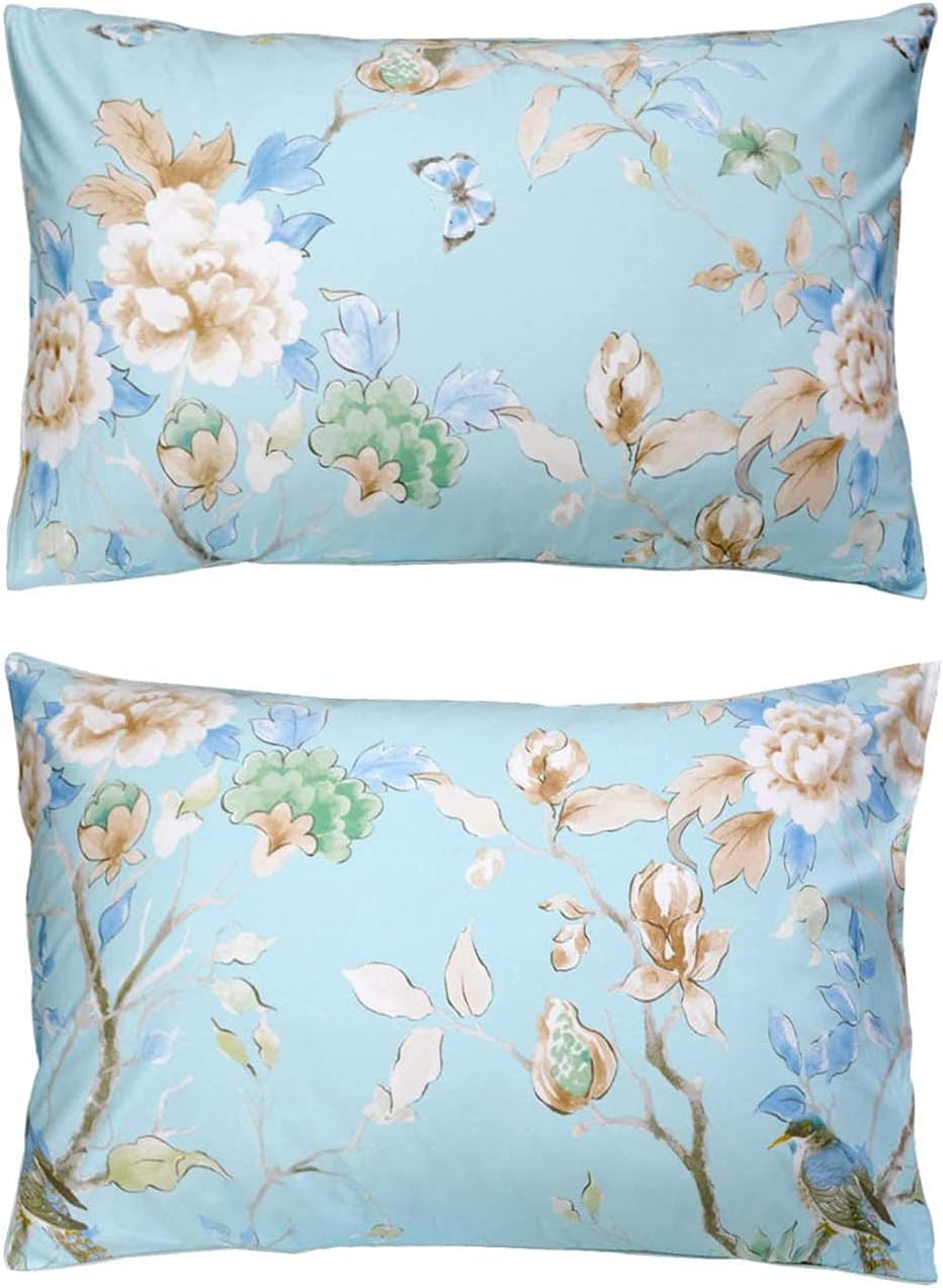 Usning Floral Bedding Sheet Set, Butterfly Bird Print Blue Bed Sheet Set, Luxury Bedding 800 Thread Count 100% Egyptian Cotton Sheet Set with Deep Pocket, 4-Piece King Size