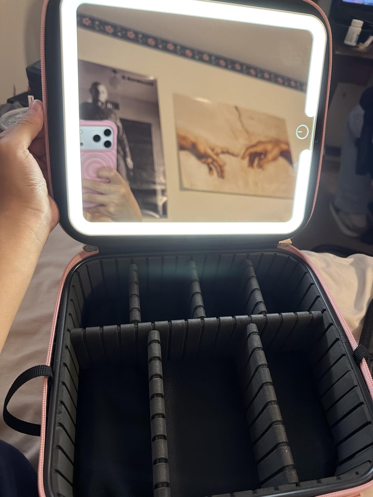 Cute pink color with LED mirror and brush holder