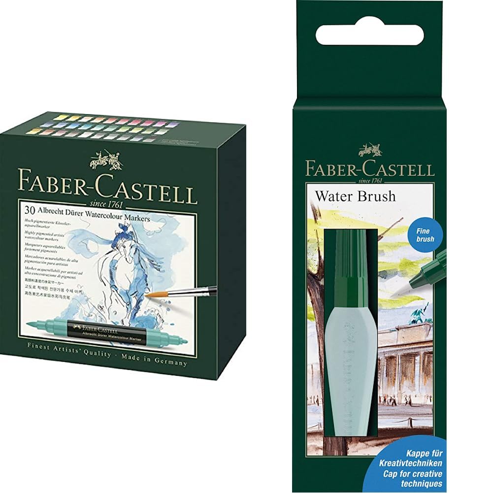 Faber-Castell 160330 Aquarellmarker Albrecht Dürer mit Doppelspitze für flächigen und präzisen Farbauftrag, 30er Etui, bunt & 185104 - Art & Graphic Wassertankpinsel fine, 1 Stück