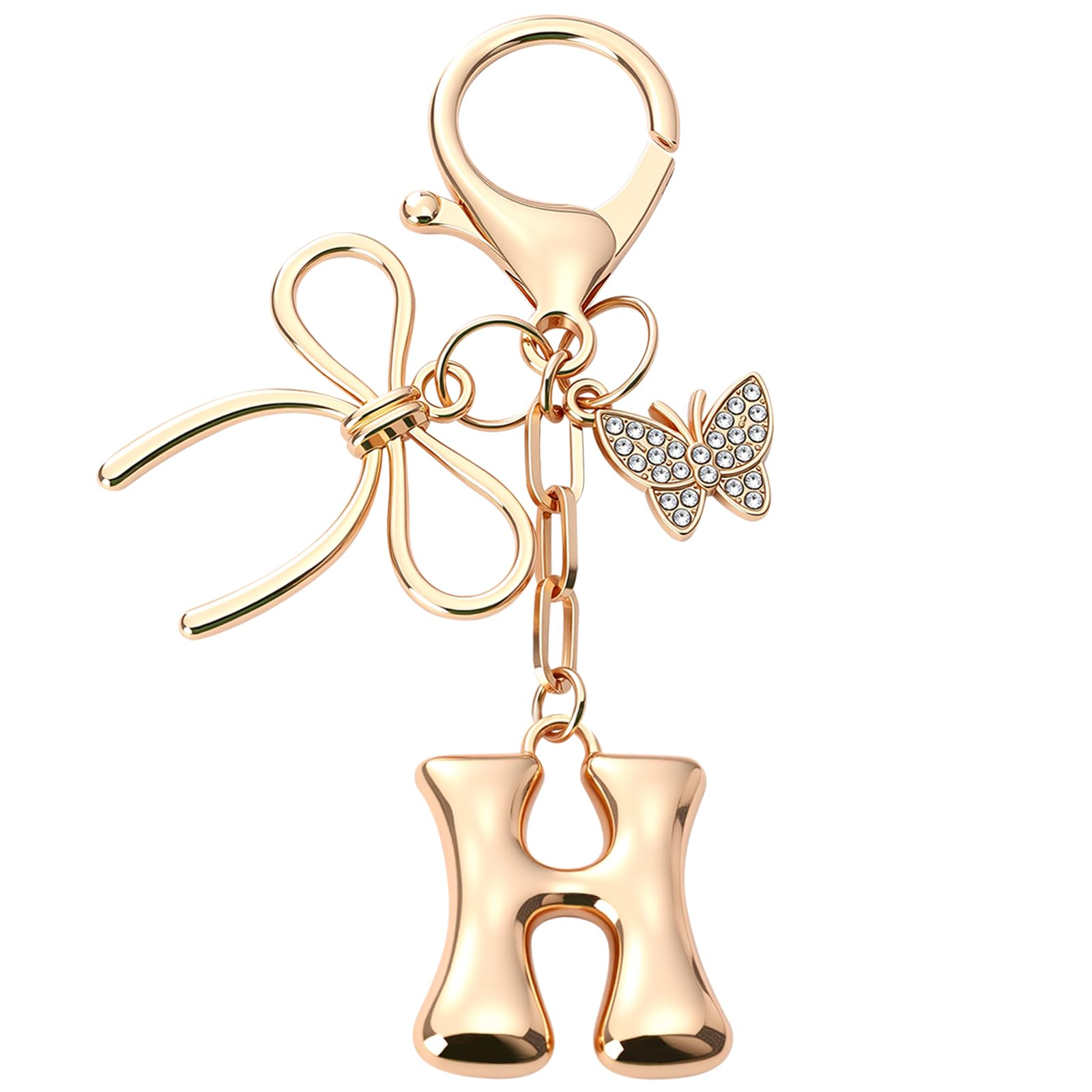 Sylixonae Bubble Initial Keychain with Bow & Butterfly - Gold Letter Bag Charms for Women, Cute Purse Handbag Accessories