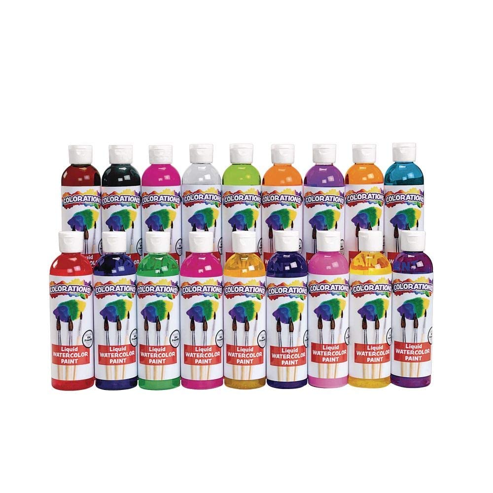 Colorations LW18 Liquid Watercolor Paint, 8 fl oz, Set of 18, Non-Toxic, Painting, Kids, Craft, Hobby, Fun, Water Color, Posters, Cool effects, Versatile, Gift