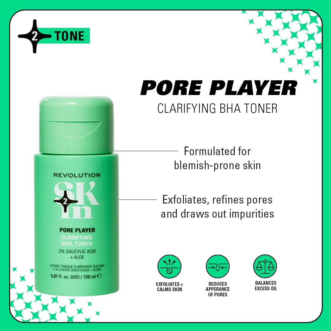 Revolution Skin Clarifying Toner, oczyszczający tonik do twarzy z kwasem salicylowym, łagodne złuszczanie, wegańskie i nieokrutne zwierzęta, 150 ml