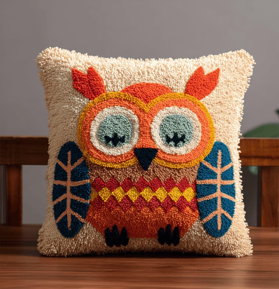 Kitquiver Decor Latch Hook Cushion Kit,Owl DIY Pillow Cover 43X43Cm
