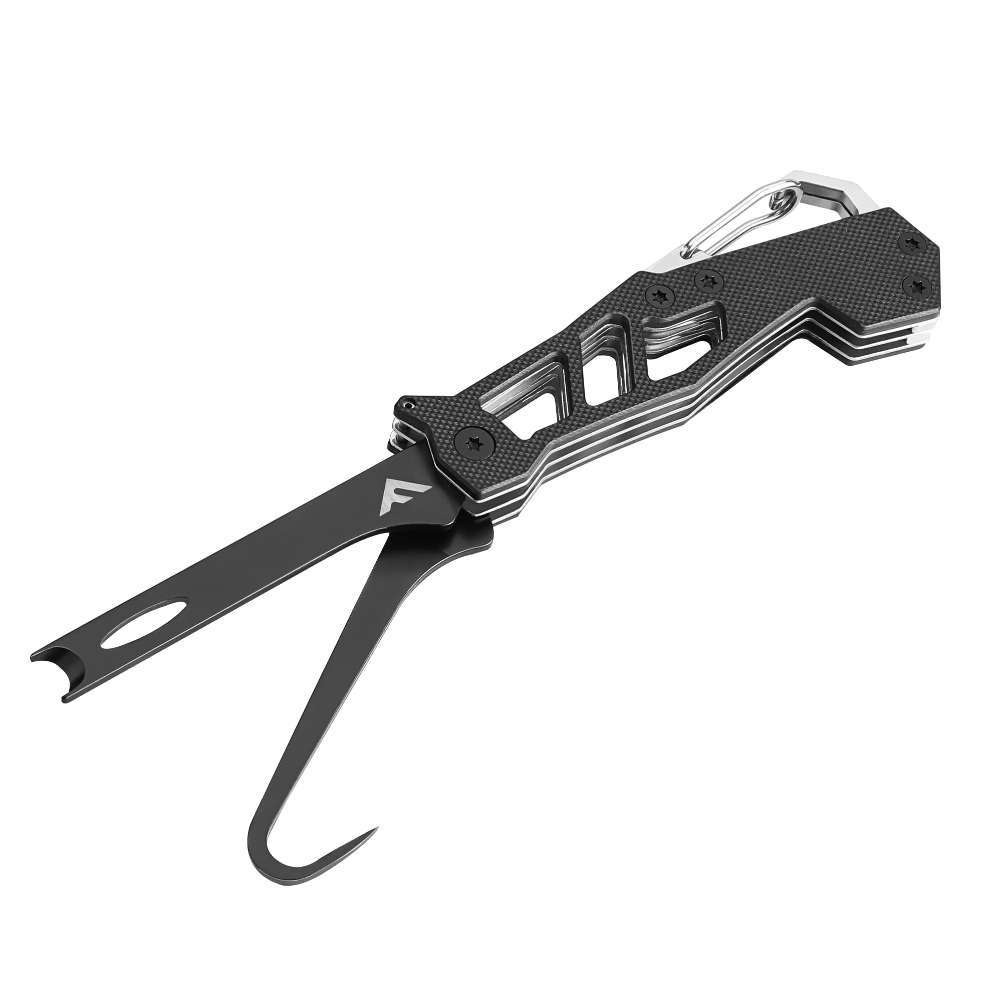 FLISSA Squid Tying Tool, Egging Squeezing Knife, Gaff, Cane Straightener 3-in-1 Tool, Stainless Steel, G10 Handle, Squid Fishing, Cleaning, Carabiner Attached, Foldable, Easy to Carry