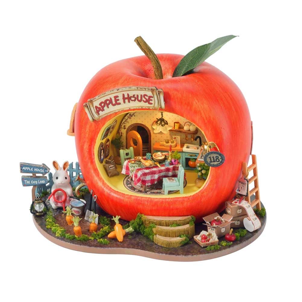 Diymnhaus-DIY Mini Dollhouse Kit Forest Fruit Town Series Miniature House Building Model Adult Assembly Kit 3D Construction Model Creative Gift (Little Rabbit Apple House)