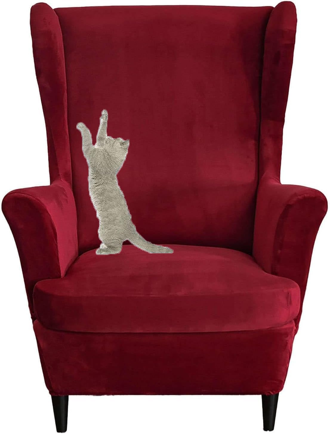 HACLEN Velvet Wingback Chair Cover 2 Pieces, Wingback Armchair Slipcover Stretch Wing Chair Cover Removable for Living Room (Red,one size)