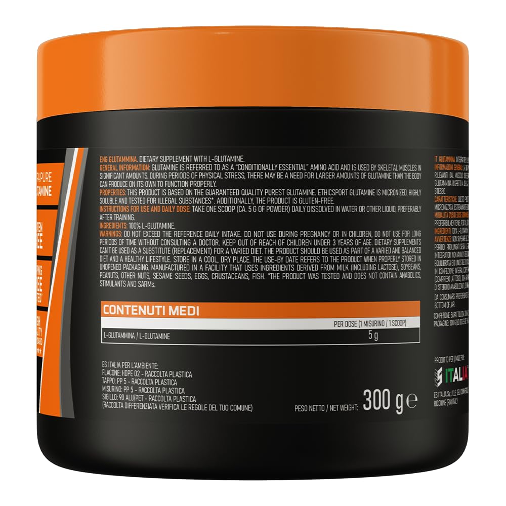 Glutammina EthicSport – 100% L-Glutammina pura micronizzata - Polvere solubile per post allenamento e sport ad alto impegno muscolare – 300g – 5g per dose – Gluten free, vegan, doping free tested*