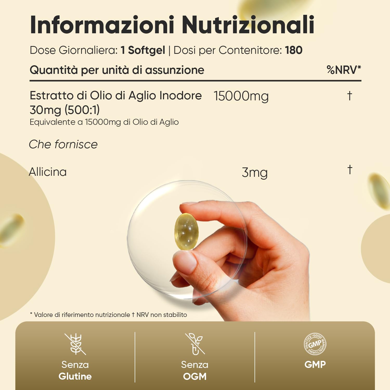 Aglio Capsule Molli Vegane 15000mg, 1 Softgel al Giorno (6 Mesi), Estratto di Aglio Inodore 500:1, Allicina Integratore Ricavato dall’Allium Sativum in 180 Softgel, Deodorizzato, Senza Glutine né OGM