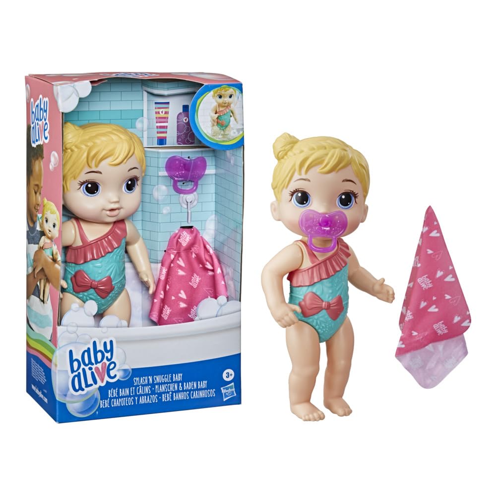 Baby Alive Splash 'n Snuggle Baby Blonde Hair Doll For Water Play, With Towel and Pacifier Accessories, Toy for Kids 3 Ages Years Old and Up