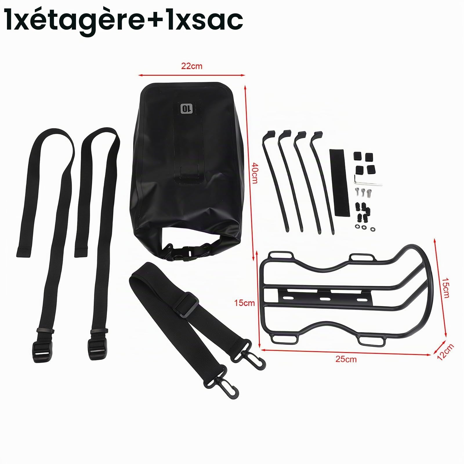 10 L Sac de fourche avant pour vélo avec support en métal, sacoche de route en nylon imperméable pour vélo, vélo électrique et scooter, support de montage réglable noir