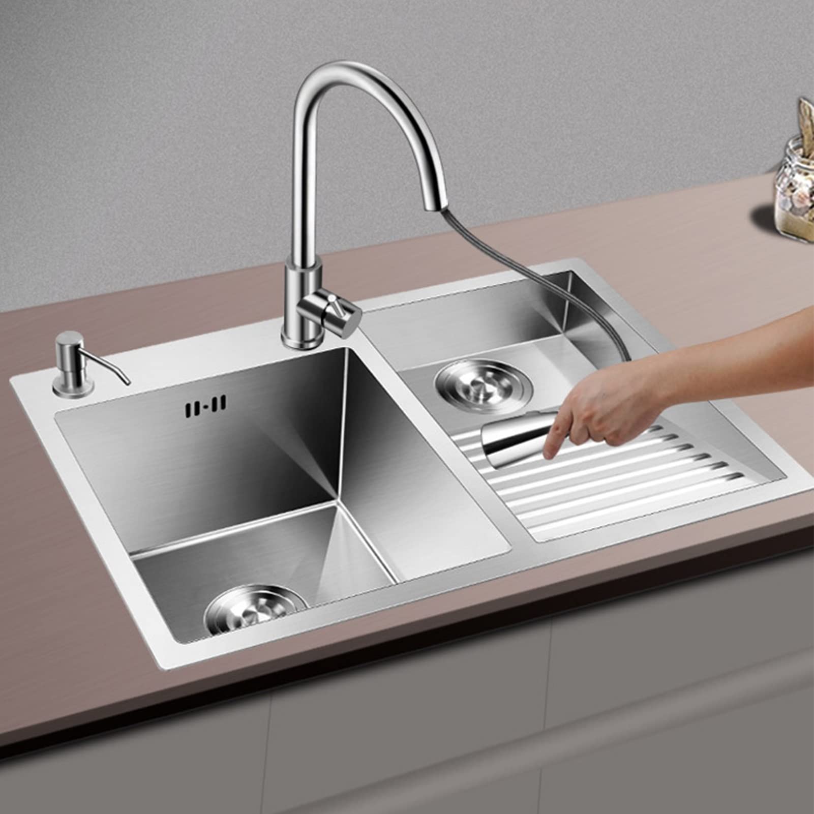 Gljtuo Silver Stainless Steel Kitchen Sink With Waterfall Tap, Single Bowl Set For Home Use, Includes Pressure Washer, Chop Board, Drip Basket, And Accessories,-70X48cm