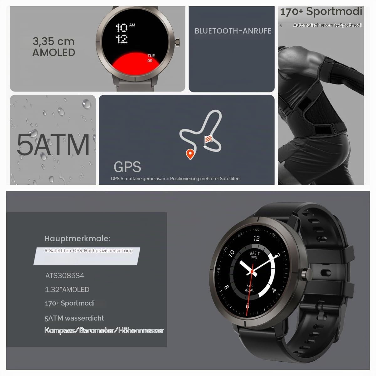 beyerswerk Alpha Sport Smartwatch mit GPS für Männer und Frauen, wasserdichte 5 ATM Schwimmuhr, Anrufe tätigen/annehmen, 1.32'' AMOLED-Display, Fitness-Tracker, Herzfrequenz- und Schlafmonitor