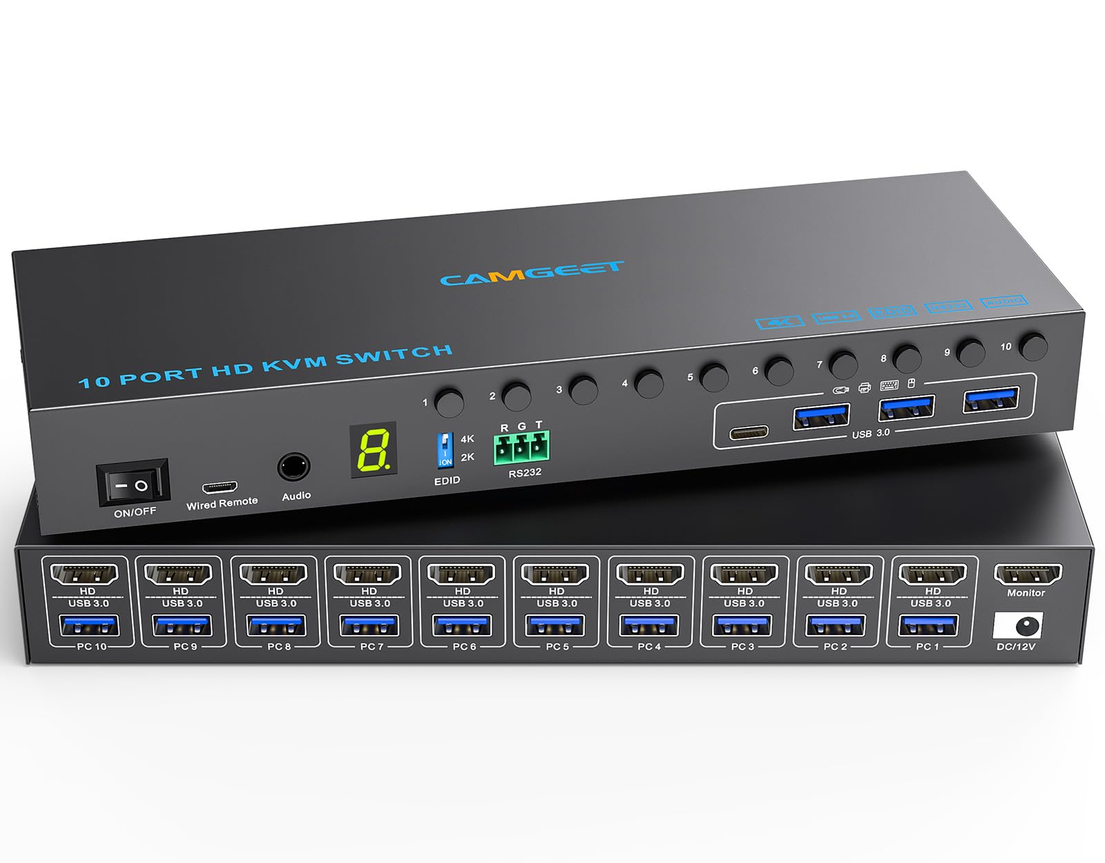 10 Porte KVM Switch 8 Porte 4K@60Hz Simulazione EDID, USB 3.0 10 PC Switch KVM HDMI Condividono 1 Monitor e 4 Dispositivi USB, Audio, RS232, Dotato Cavo Remoto, Alimentazione 12V e 10*Cavo USB