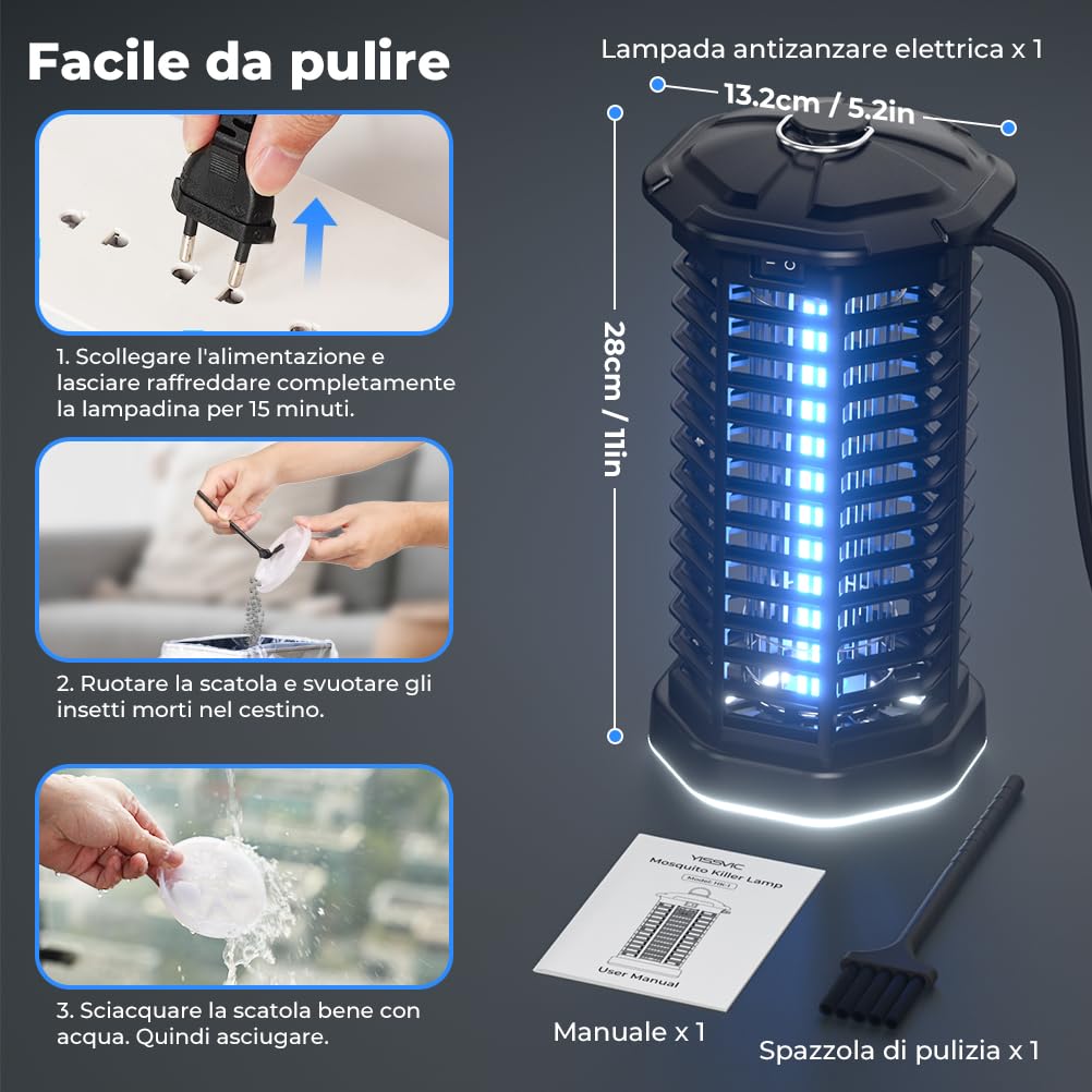 YISSVIC Elektrische Mückenlampe, 4200 V, UV-Mückenfalle mit LED-Licht, wasserdicht IPX4, für Innen und Außen, mit Reinigungsbürste
