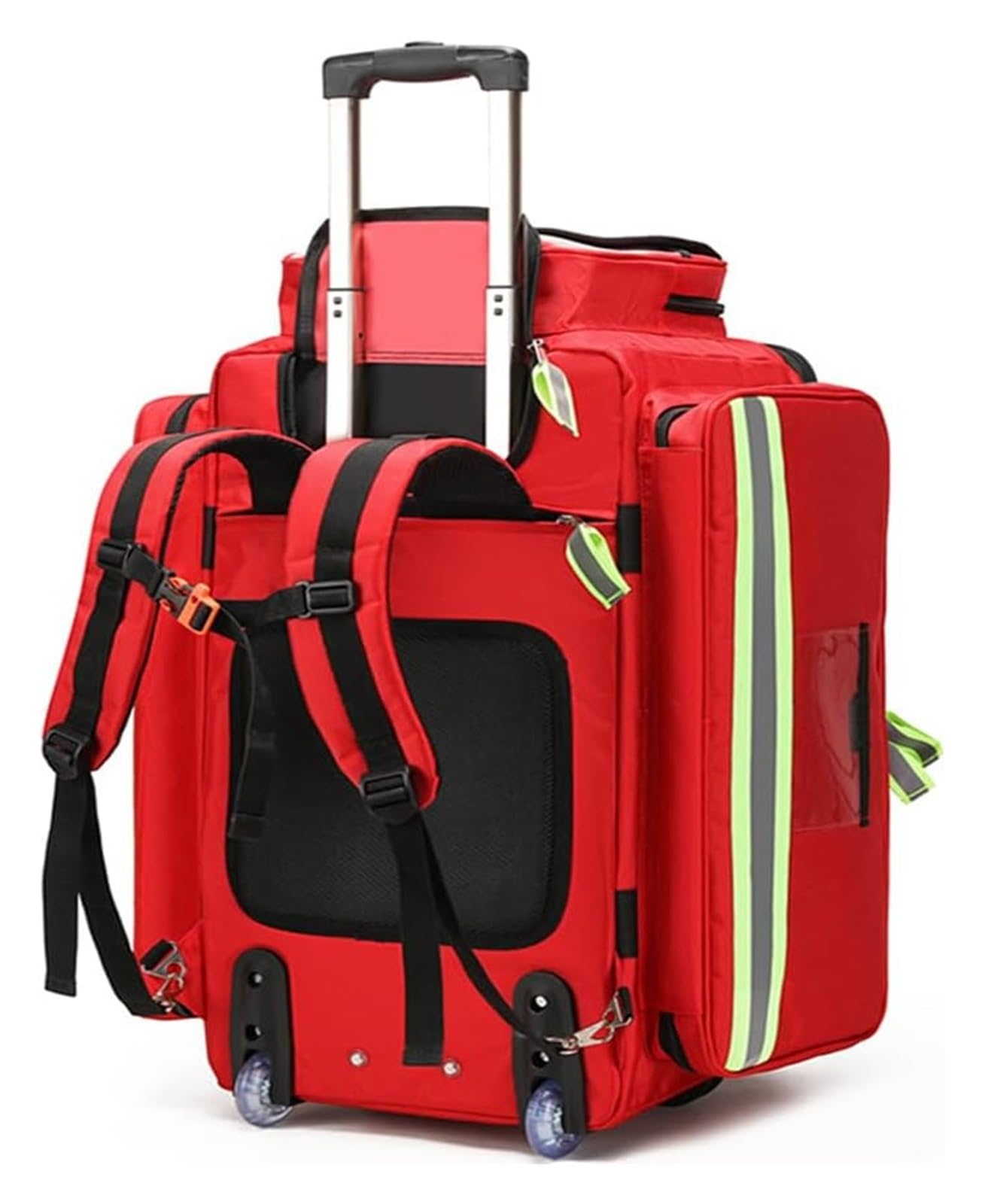 Maletín médico con ruedas y carrito desmontable, gran capacidad, interior multibolsillos, patas antideslizantes, bandas reflectantes, color rojo, botiquín de primeros auxilios portátil.