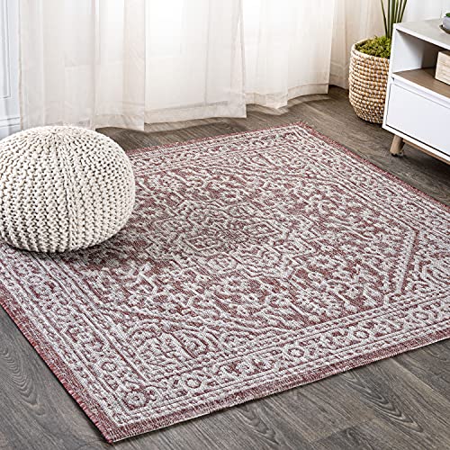 JONATHAN Y Medallion Weave Indoor Outdoor Square Area Rug 5X5 Red/Taupe, Sinjuri Textured for Backyard, Patio, Porch, Easy-Cleaning, High Traffic, Pet-Friendly, Non-Shedding (SMB101A-5SQ)