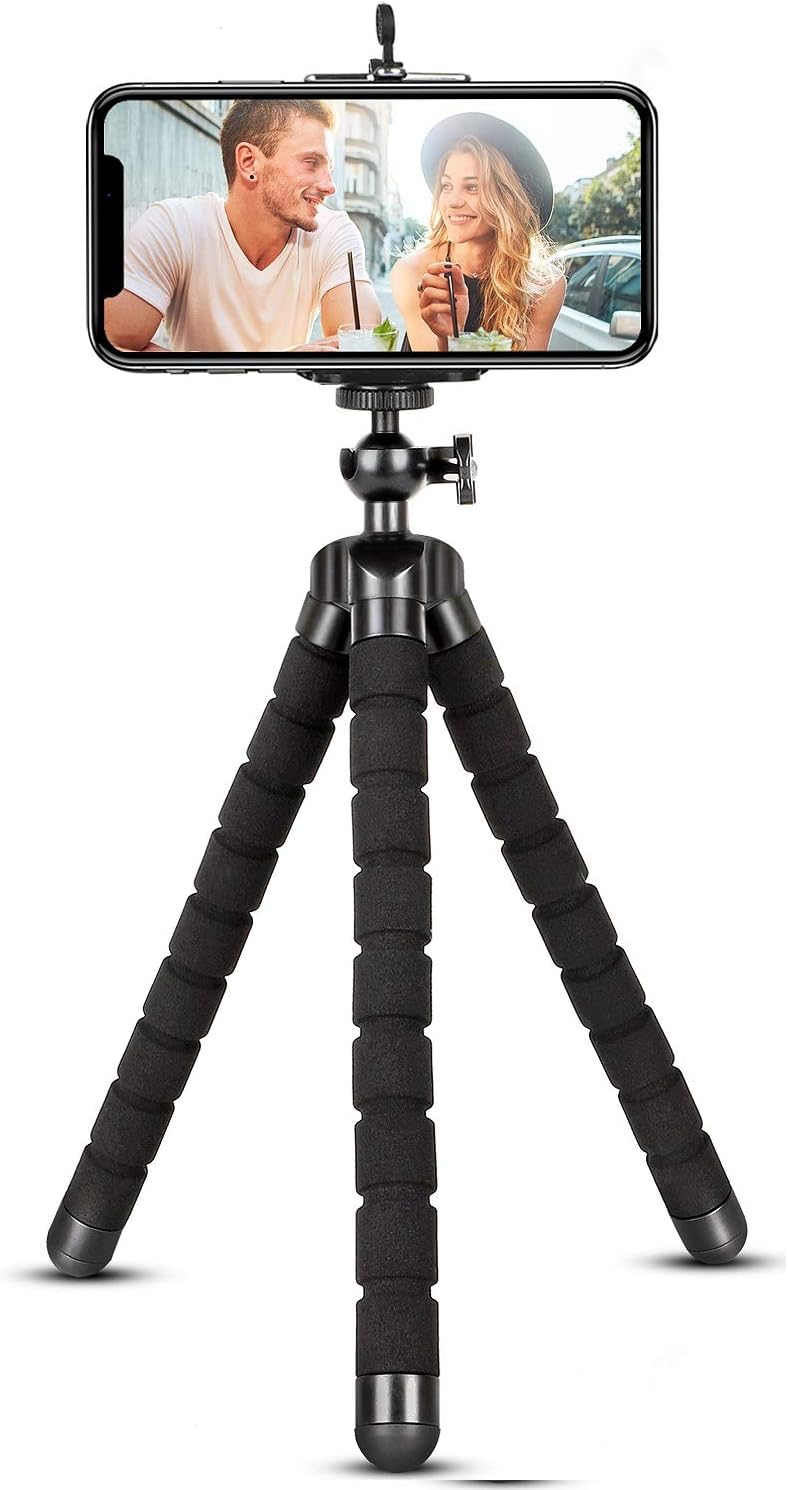 Phone Tripod,Portable and Flexible Adjustable Cell Phone Stand Holder with Remote and Universal Clip Compatible with iPhone Android Phone Tempered Glass Clear Slim and Lightweight