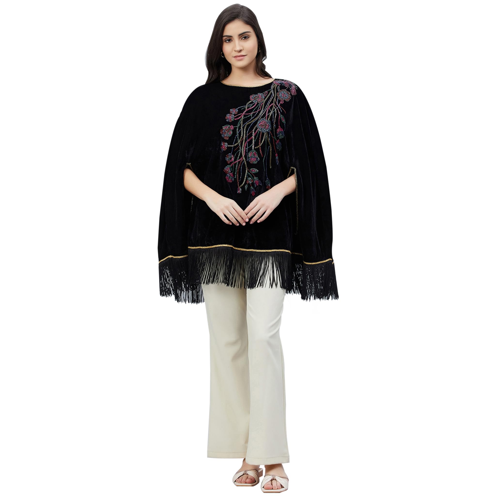 by Ramola Bachchan Women's Black Floral Sequinned Velvet Poncho-image-2