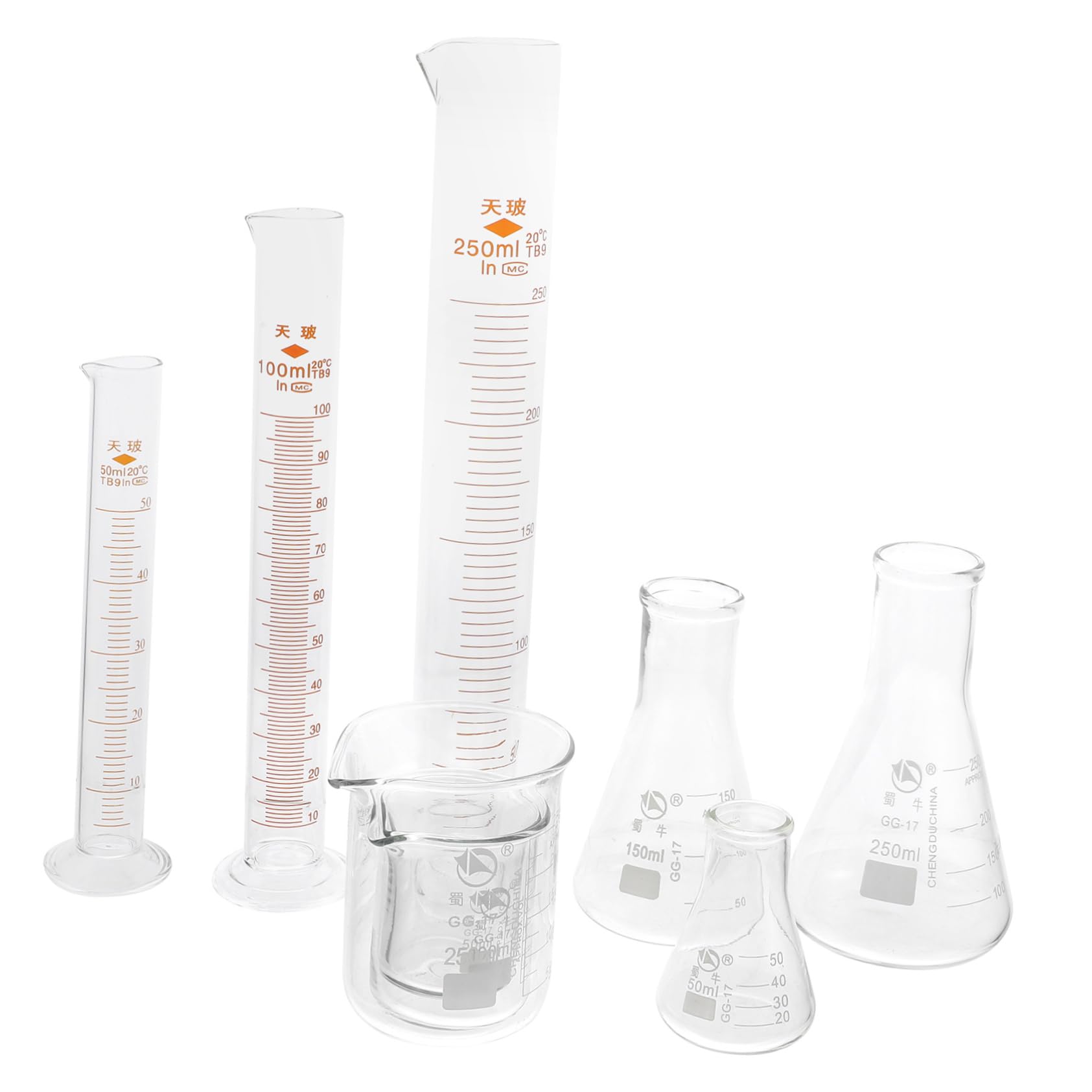 Unomor Chemistry Lab Tool Kit 9pcs Glass Beakers Graduated Cylinders Conical Flasks Measuring Cups Set Smooth Finish for Easy Use in School Experiments