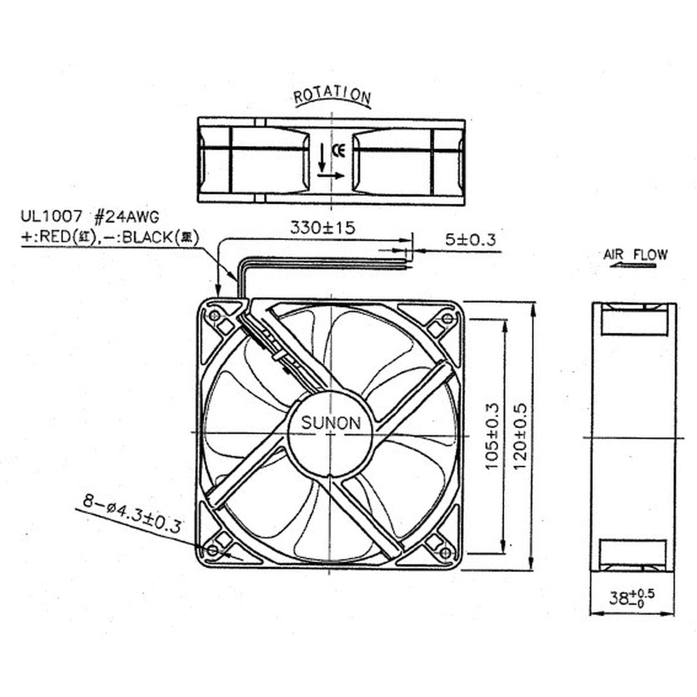 Ventola 24V DC 9,6W 120x120x38mm 234,4m³/h 3100U/Min 234,4m³/h Sunon EEC0382B1-A99