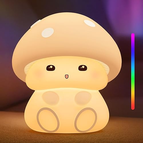 Luz nocturna de hongos, lámpara de noche de silicona blanca, control táctil con atenuación de 3060 minutos, 3 niveles de brillo, 7 cambios de color,