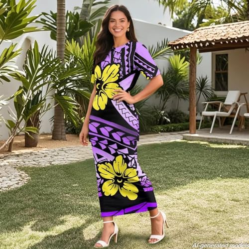 Image of Polynesian Dress for Women Short Sleeve High Waist Maxi Skirt | Puletasi dress, t-shirt and skirt two-piece, elastic material, lightweight, soft, plus size, luau party, wedding, clubwear