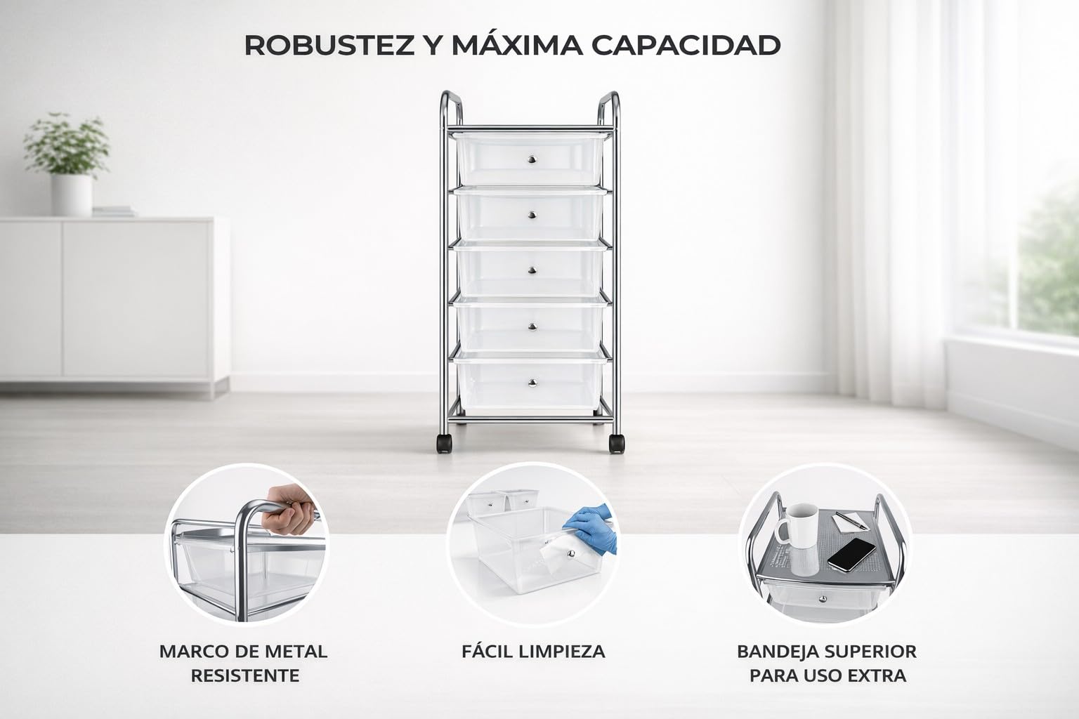 HERSIG Cajonera Plastico Metal Blanco 5 Alturas con Ruedas