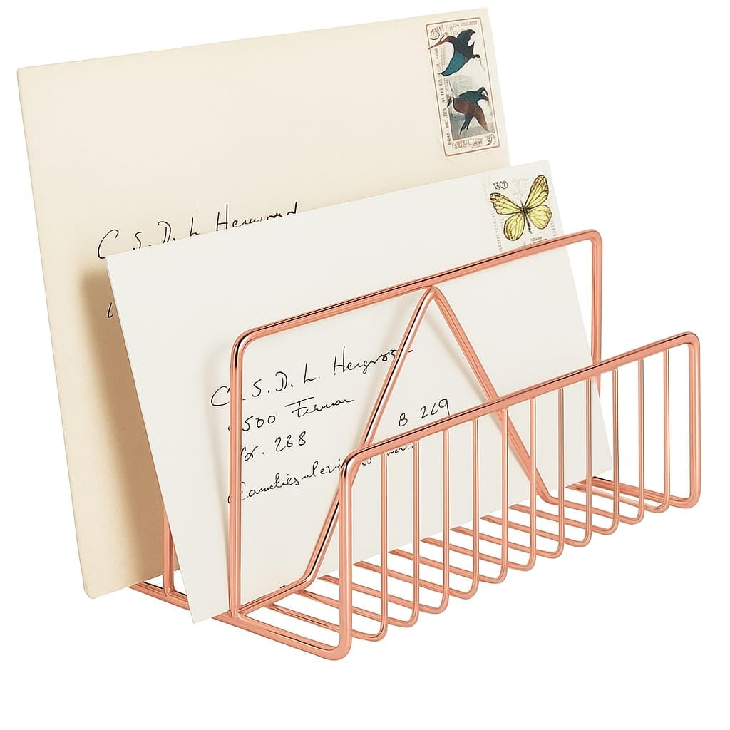 CentraLit File & Magazine Holder - Book Shelf Organiser Small book shelf for table Metal Letter Organiser with 3 Compartments,Letter Document Sorter (Rose Gold),Free Standing,Accent Shelf