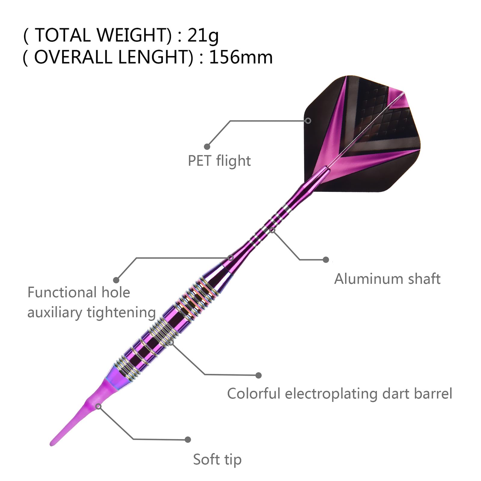 Freccette con punta in plastica, 21 grammi, set di 3 freccette professionali morbide, accessori per freccette per bersaglio elettronico con scatola di immagazzinaggio (viola)