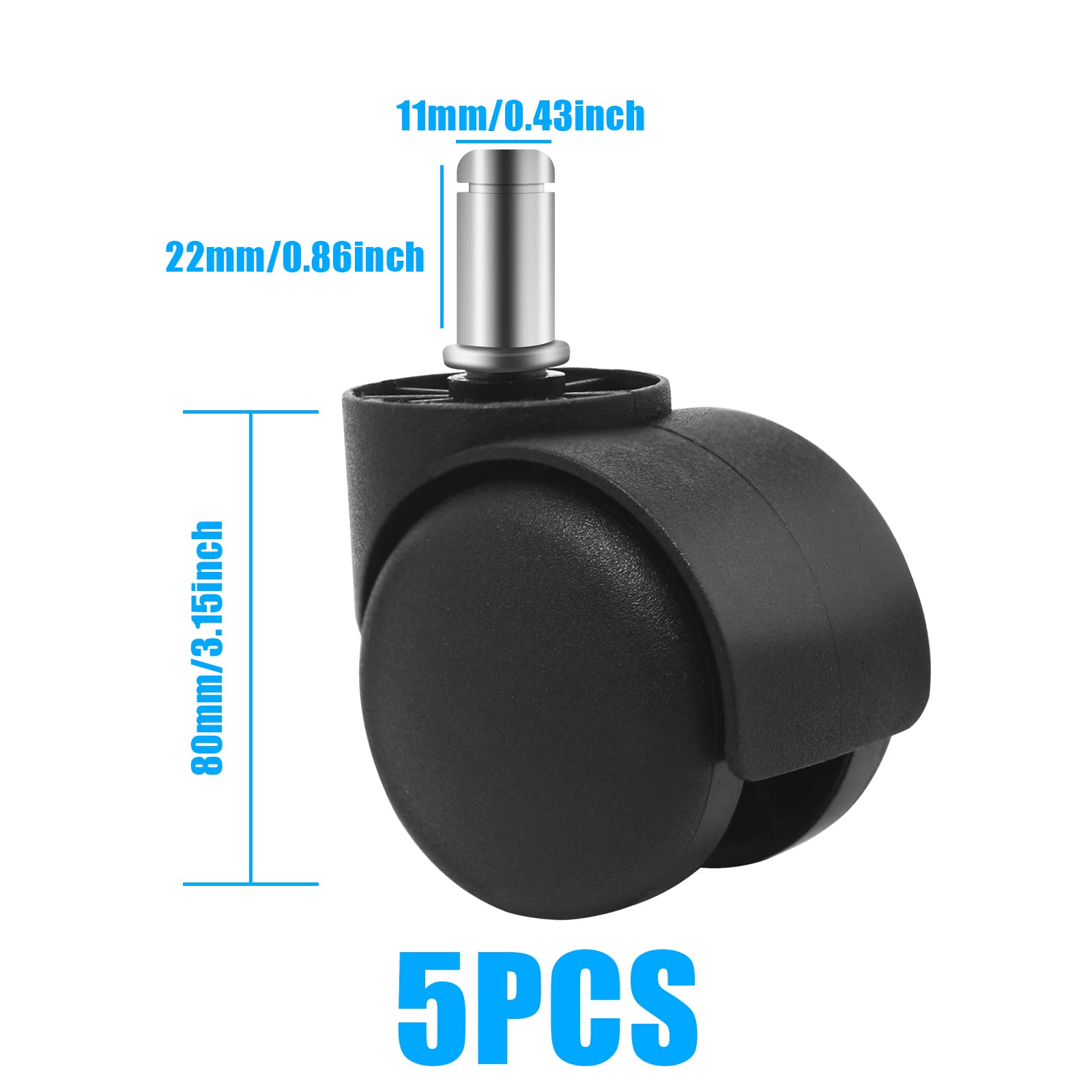 YIOVVOM Office Chair Wheels Replacement Rubber Chair casters(Set of 5) for Hardwood Floors and Carpet- Heavy Duty Caster Support up to 750bls,2 Inch 11mm Universal Standard Size (Black) - Image 2