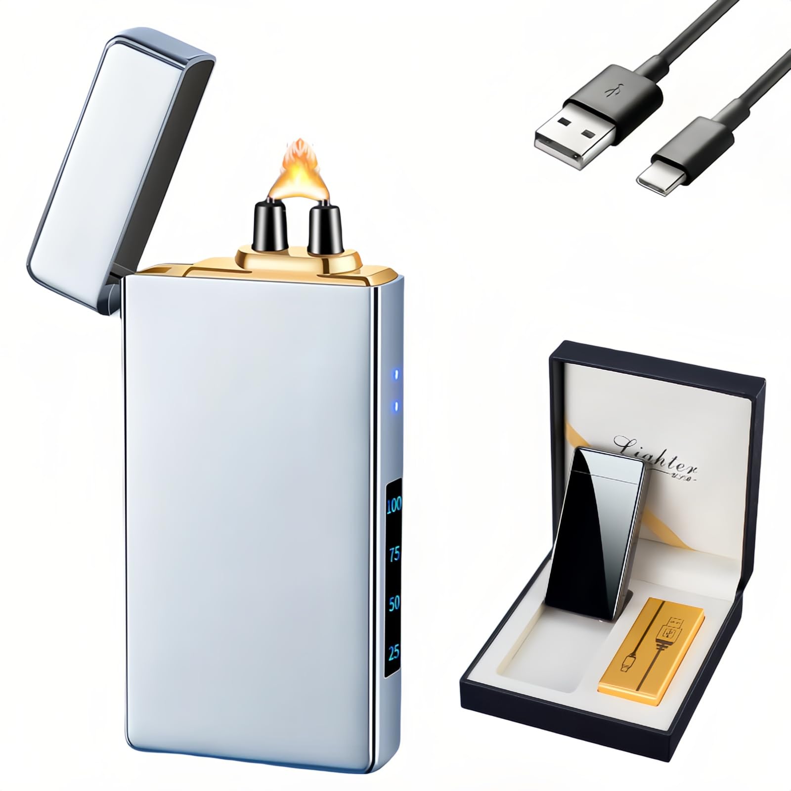 NINSI Smart Electric Lighter, High Power Pulse Plasma Arc Lighter with 4 Ignition Modes, Windproof Electronic Lighters, Rechargeable USB Lighters with Safety Lock (Silver Ice)