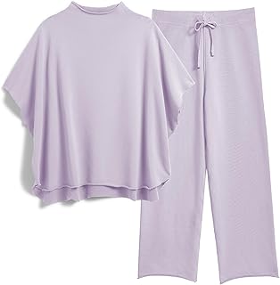 Women's Two Piece Outfits 3/4 Batwing Sleeve Capelet Crew Neck Pullover Top Wide Leg Pants Lounge Set
