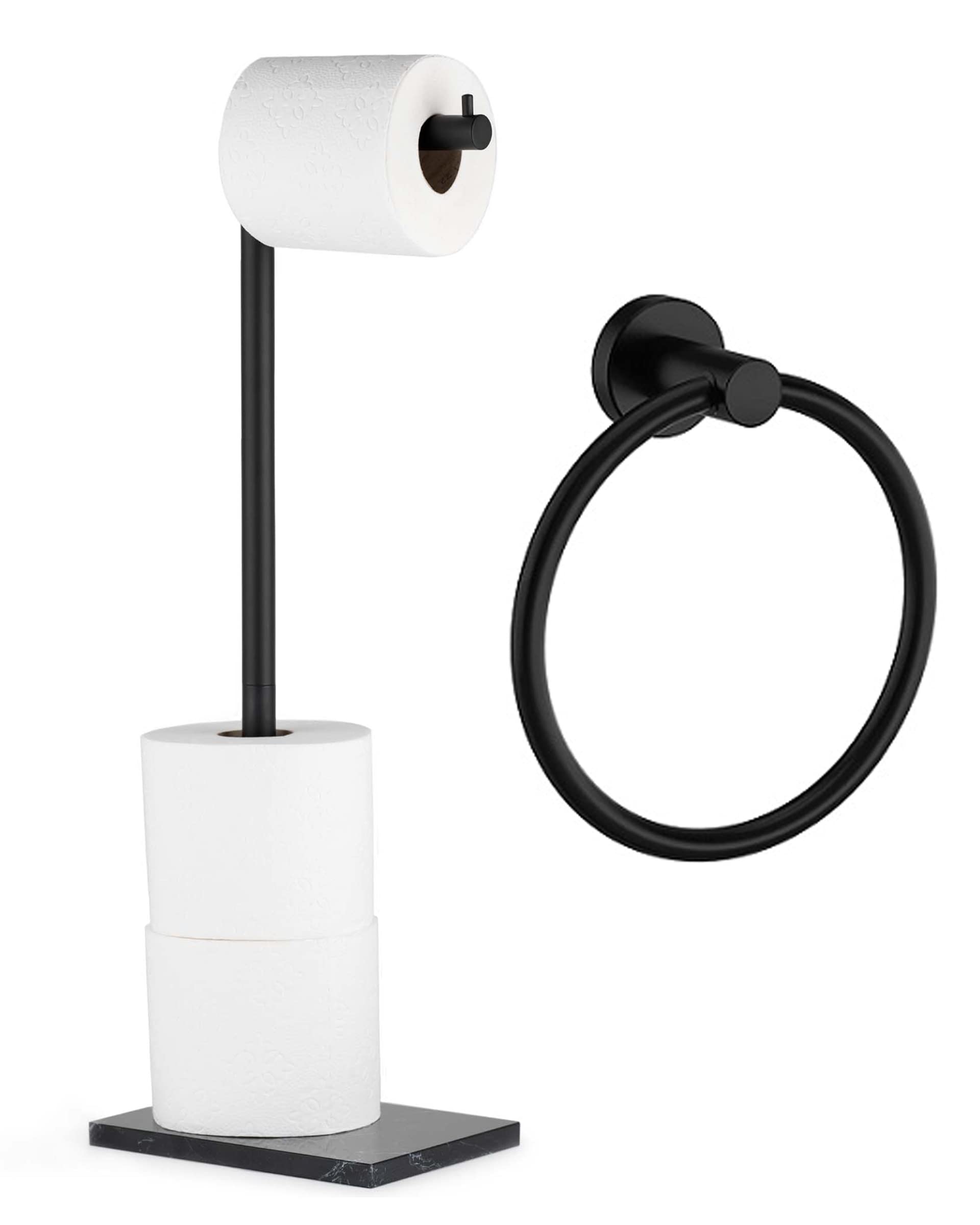 MARMOLUX ACCMatte Black Towel Ring - Black Towel Hanger and Classic Matte Black Toilet Paper Holder Stand with Black Marble Base | Free Standing Toilet Paper Holder Dispenser