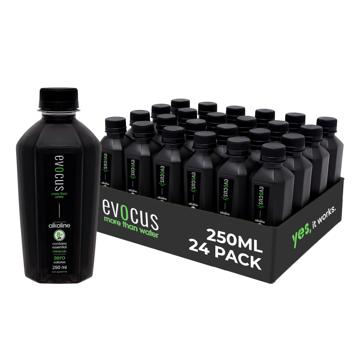 Evocus Black Alkaline Drink 250ml - 8+ pH, 4X Superior Hydration, Essential Minerals, Zero Calories, Caffiene, Sugar| Clinically Proven Benefits | Yes, it works. | Pack of 24 | 250 ml