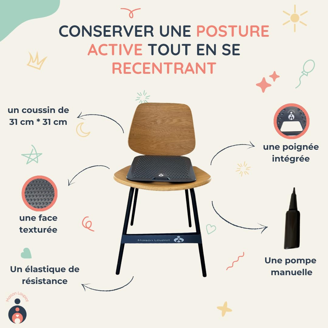 Kit Équilibre Enfant | Coussin Gonflable de Concentration + Élastique de Chaise + Pompe | Aide TDAH, Posture, Gestion de l’Agitation et Attention (dès 3 Ans)