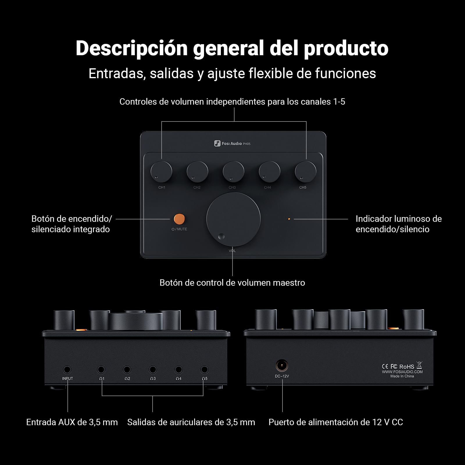 Fosi Audio PH05 Amplificador Divisor de Auriculares de 5 Canales, Mini Amplificador de Auriculares para Mezclador de Estudio de Música/Compartir Audio con IEM de Alta Impedancia de 16-300 Ohmios