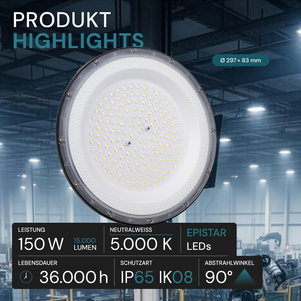 LUXULA 5er Pack LED Hallenleuchte Hallenstrahler UFO High-Bay 150W 15000lm 5000K Neutralweiß IP65 IK08 EPISTAR LEDs - Industriebeleuchtung Werkstatt Lager