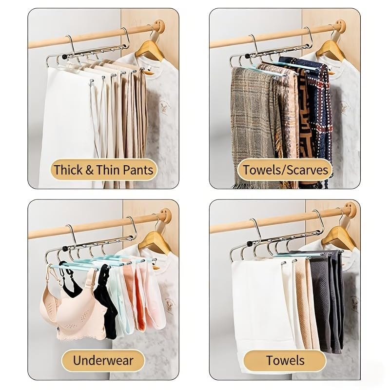 Image of SR (Pack of 3) 5 in 1 Stainless Steel Foldable Hangers for Clothes Hanging Multi Layer Multi-Purpose Pant Hangers for Wardrobe Magic Foldable Hanger Clothes Hanger