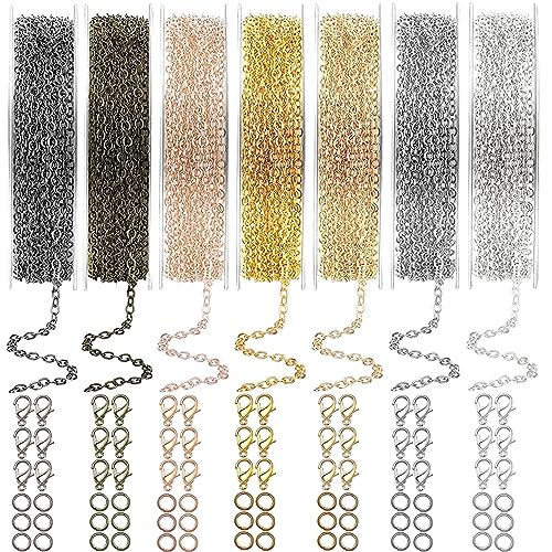 EuTengHao 28m Joyería de hacer cadenas de enlace a granel, 2 mm de metal collar de cadenas con cierres de langosta anillos de salto abierto para la fabricación de joyas (7 colores)