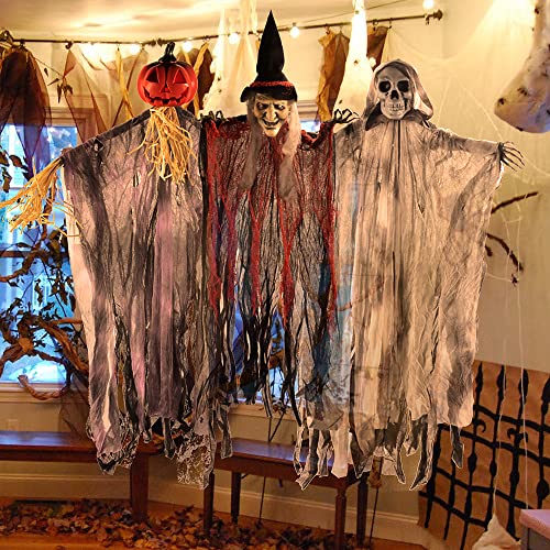 Image of JOYIN 3 Pack 35 inch Hanging Ghosts Witch Pumpkin Decor Hanging Halloween Decorations Outdoor Halloween Decor, Scary Flying Witch Grim Reapers Haunted House Front Porch Decor Yard Garden Lawn Party