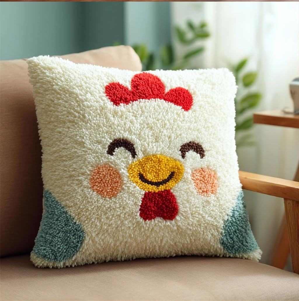 Taxpy DIY Latch Hook Kits 17X17 Inch, Smiling Chicken Pattern Printed Throw Pillow Case Cushion Cover - Home Decoration Crochet Needlework Crafts with Latch Hook Tool for and Adults